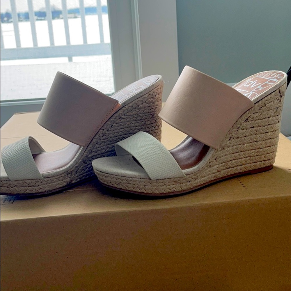 Tan and White Summer Wedges